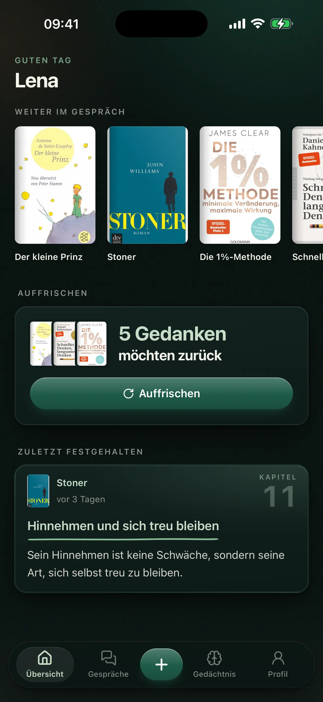 Remi auf dem iPhone: die Übersicht mit Büchern im Gespräch und Gedanken, die zurück möchten